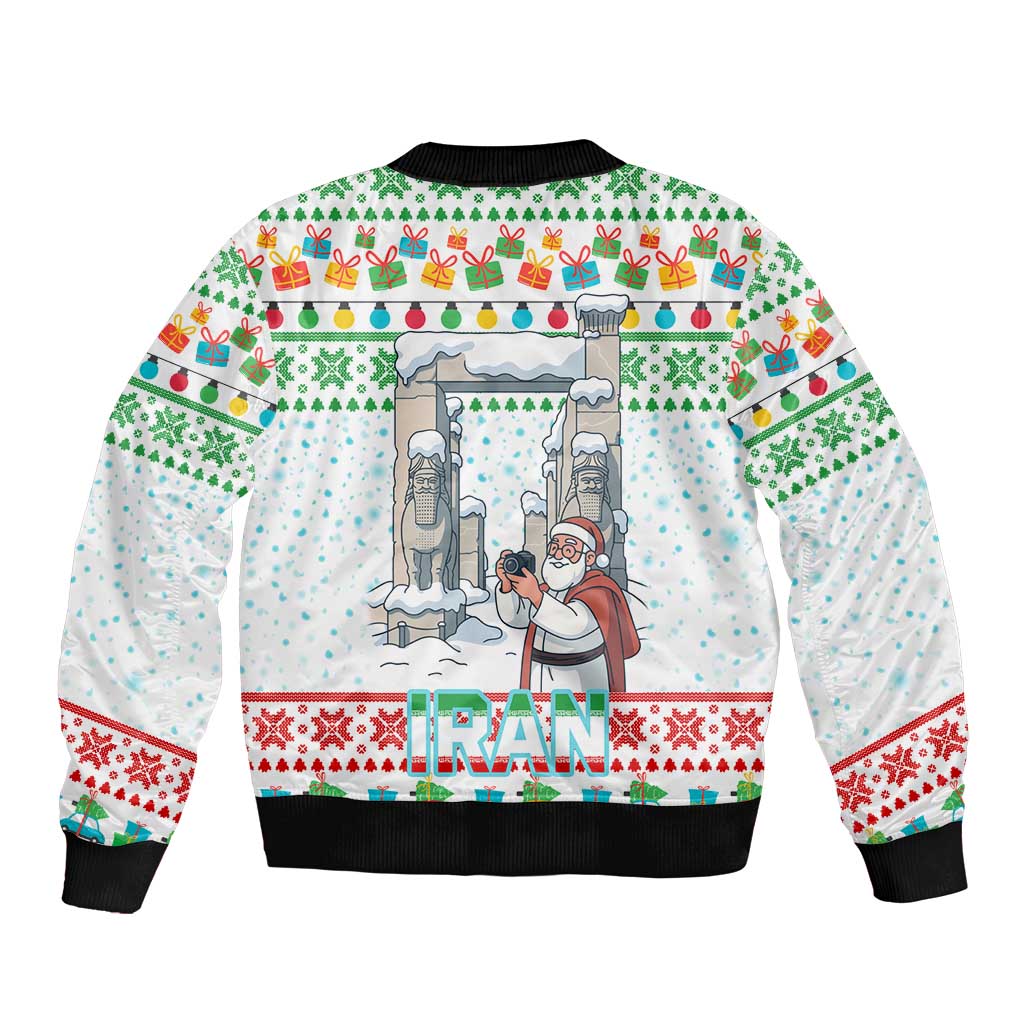 Iran Christmas Bomber Jacket with Santa Taking Photos Ancient Columns and Snowflake Gift Pattern - Wonder Print Shop