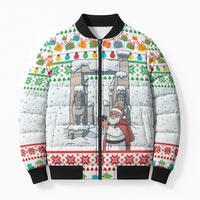 Iran Christmas Bomber Puffer Jacket with Santa Taking Photos Ancient Columns and Snowflake Gift Pattern - Wonder Print Shop