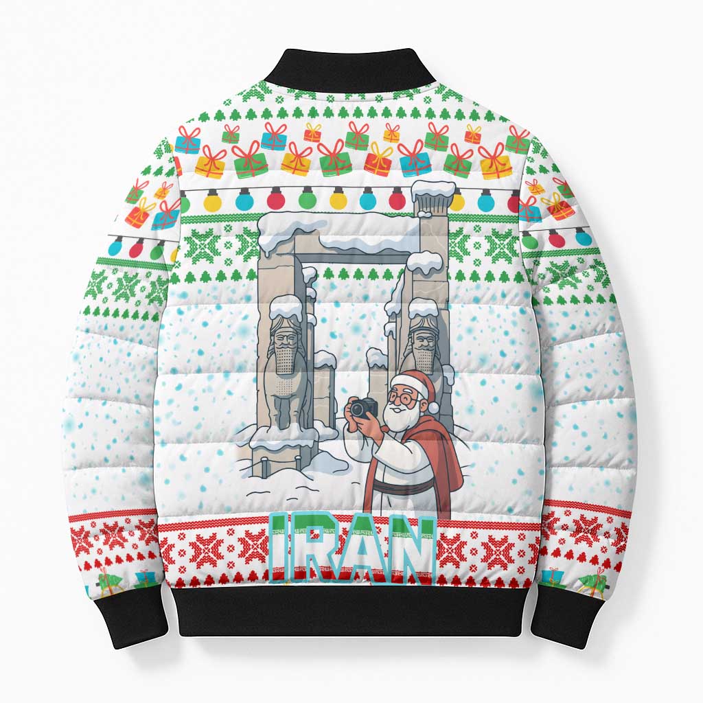 Iran Christmas Bomber Puffer Jacket with Santa Taking Photos Ancient Columns and Snowflake Gift Pattern - Wonder Print Shop