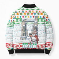 Iran Christmas Bomber Puffer Jacket with Santa Taking Photos Ancient Columns and Snowflake Gift Pattern - Wonder Print Shop
