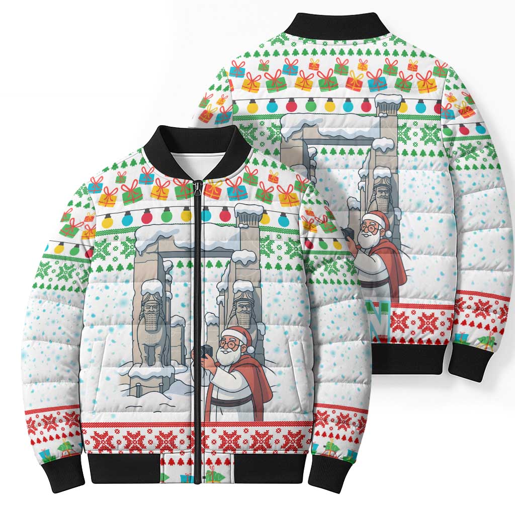Iran Christmas Bomber Puffer Jacket with Santa Taking Photos Ancient Columns and Snowflake Gift Pattern - Wonder Print Shop