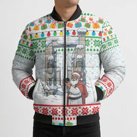 Iran Christmas Bomber Puffer Jacket with Santa Taking Photos Ancient Columns and Snowflake Gift Pattern - Wonder Print Shop