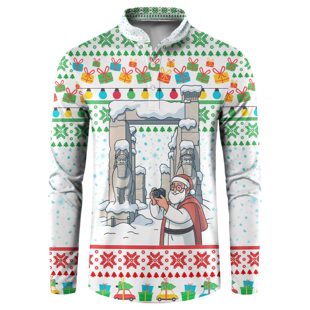 Iran Christmas Button Sweatshirt with Santa Taking Photos Ancient Columns and Snowflake Gift Pattern - Wonder Print Shop