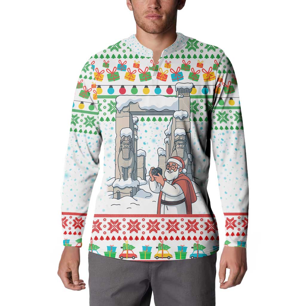 Iran Christmas Button Sweatshirt with Santa Taking Photos Ancient Columns and Snowflake Gift Pattern - Wonder Print Shop