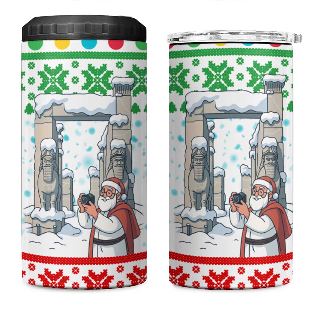 Iran Christmas 4 in 1 Can Cooler Tumbler with Santa Taking Photos Ancient Columns and Snowflake Gift Pattern - Wonder Print Shop