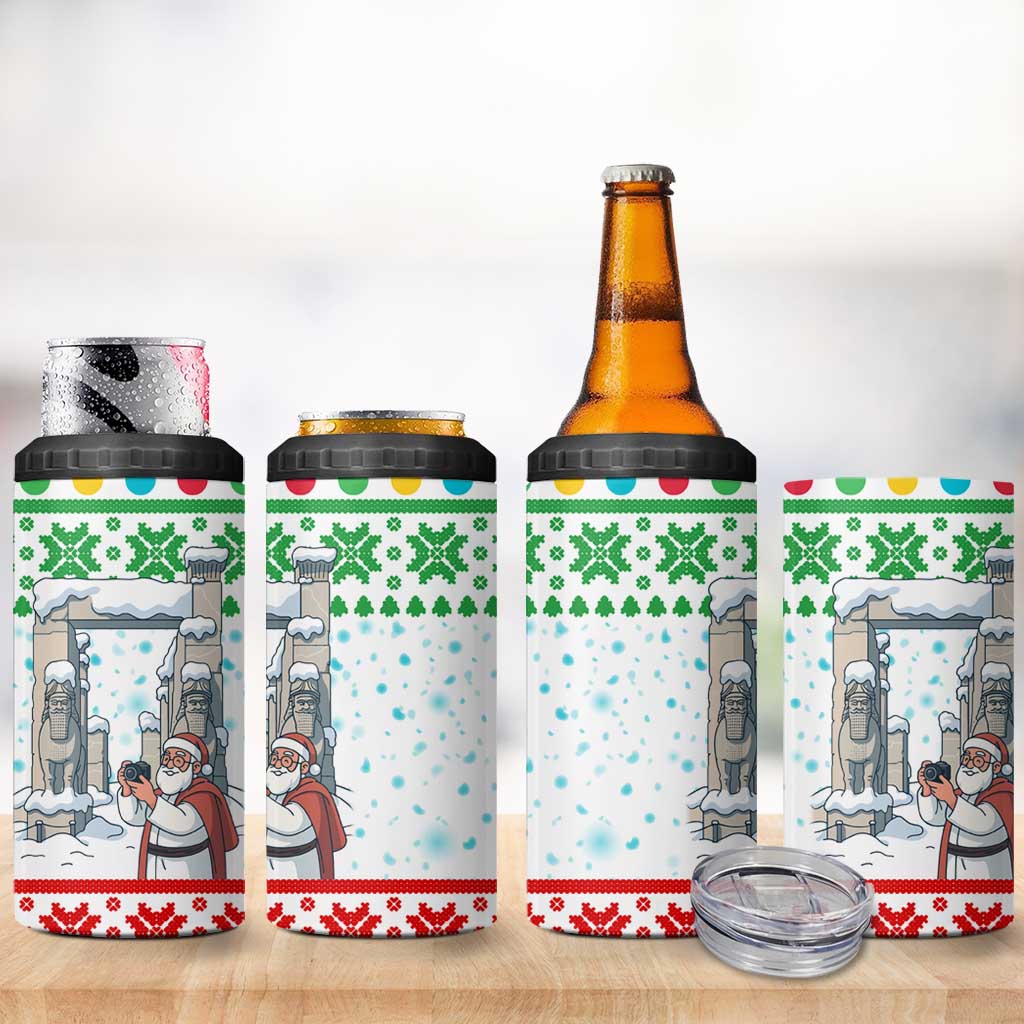 Iran Christmas 4 in 1 Can Cooler Tumbler with Santa Taking Photos Ancient Columns and Snowflake Gift Pattern - Wonder Print Shop