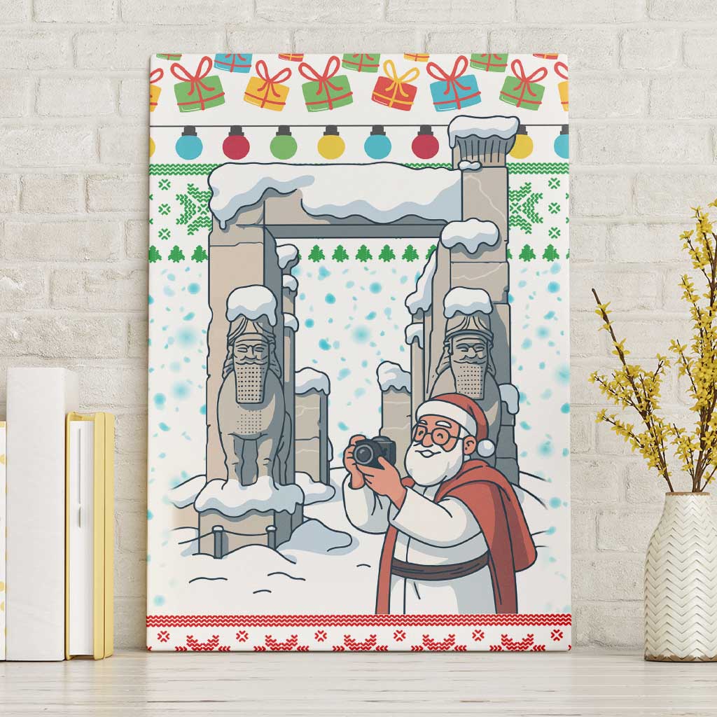 Iran Christmas Canvas Wall Art with Santa Taking Photos Ancient Columns and Snowflake Gift Pattern - Wonder Print Shop