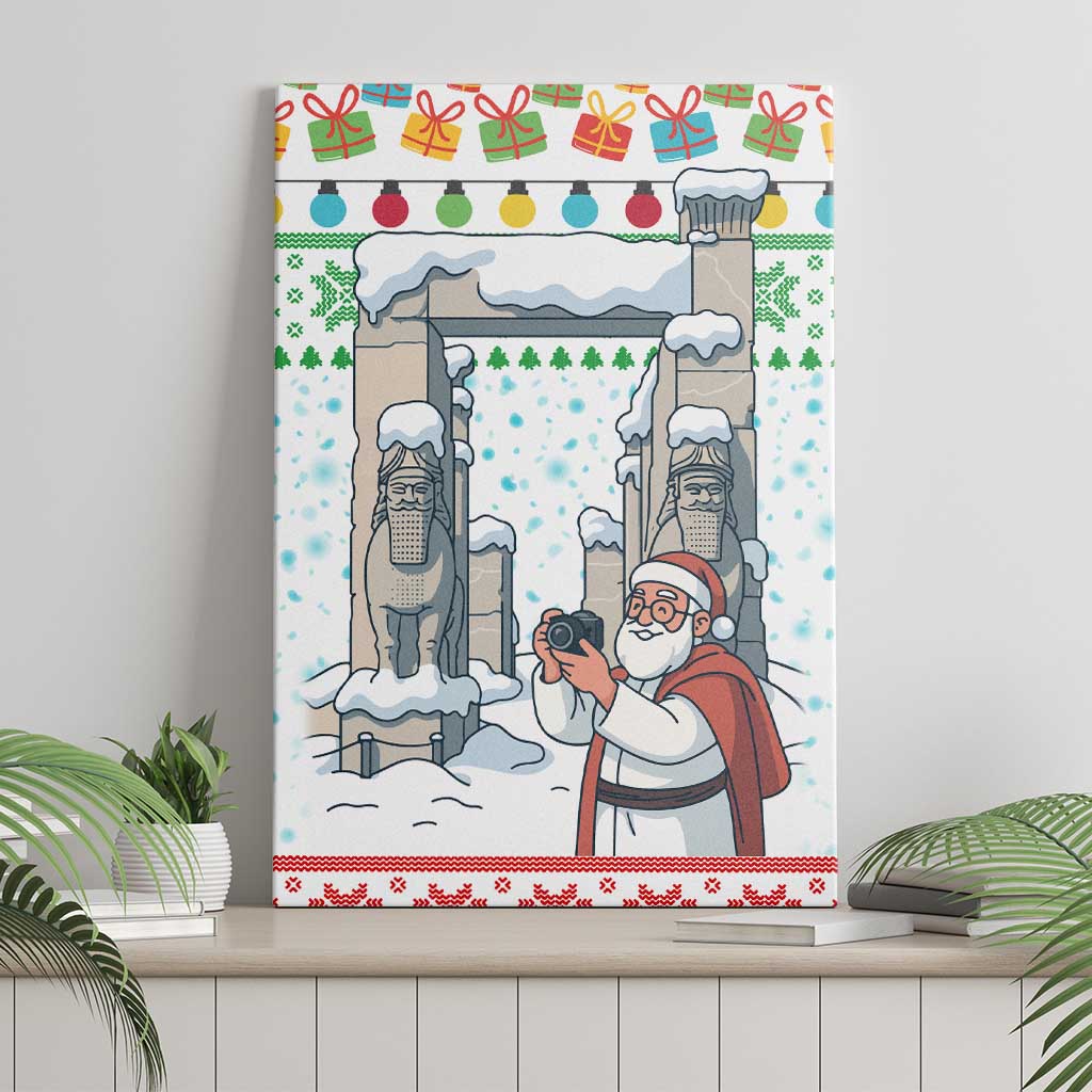 Iran Christmas Canvas Wall Art with Santa Taking Photos Ancient Columns and Snowflake Gift Pattern - Wonder Print Shop