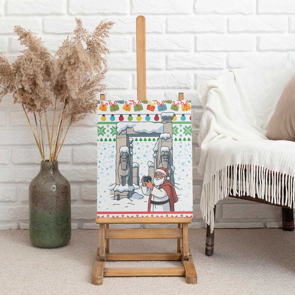 Iran Christmas Canvas Wall Art with Santa Taking Photos Ancient Columns and Snowflake Gift Pattern - Wonder Print Shop