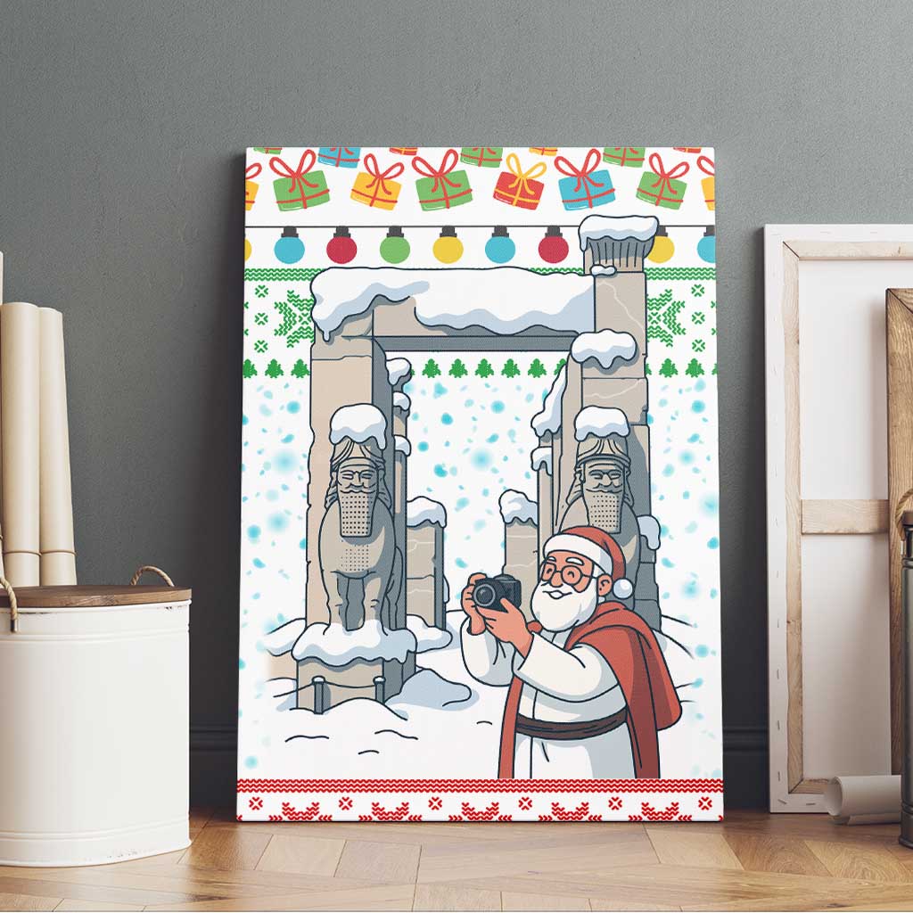 Iran Christmas Canvas Wall Art with Santa Taking Photos Ancient Columns and Snowflake Gift Pattern - Wonder Print Shop