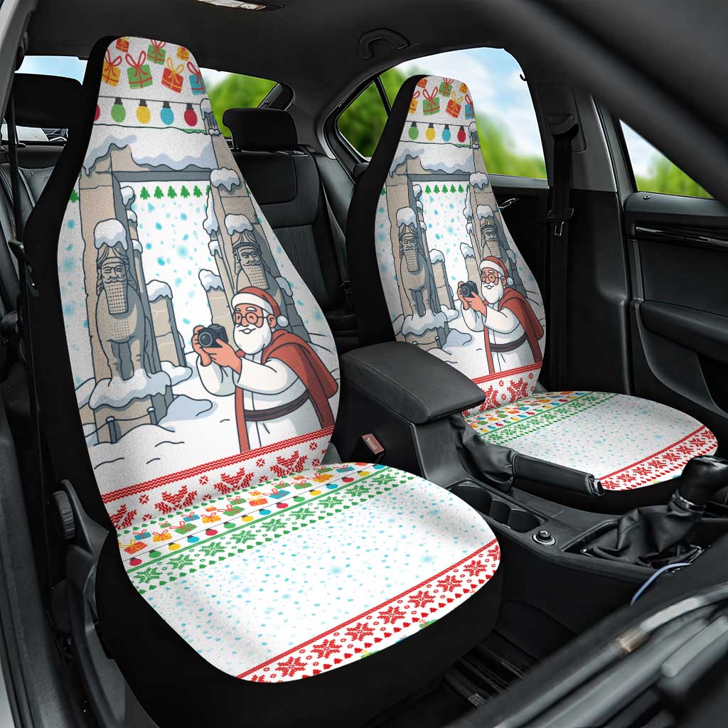 Iran Christmas Car Seat Cover with Santa Taking Photos Ancient Columns and Snowflake Gift Pattern - Wonder Print Shop