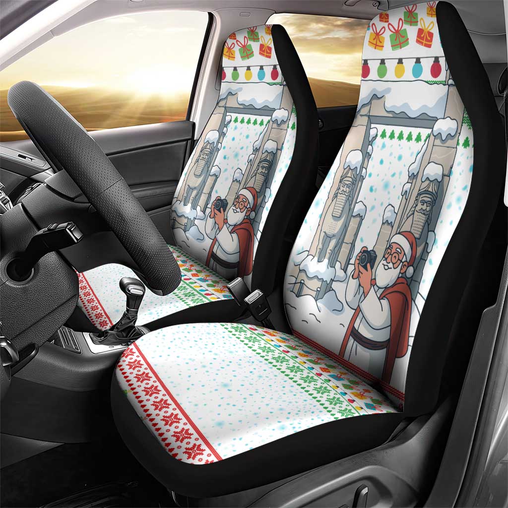 Iran Christmas Car Seat Cover with Santa Taking Photos Ancient Columns and Snowflake Gift Pattern - Wonder Print Shop