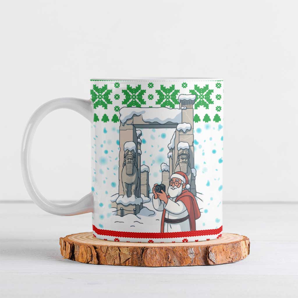 Iran Christmas Ceramic Mug with Santa Taking Photos Ancient Columns and Snowflake Gift Pattern - Wonder Print Shop
