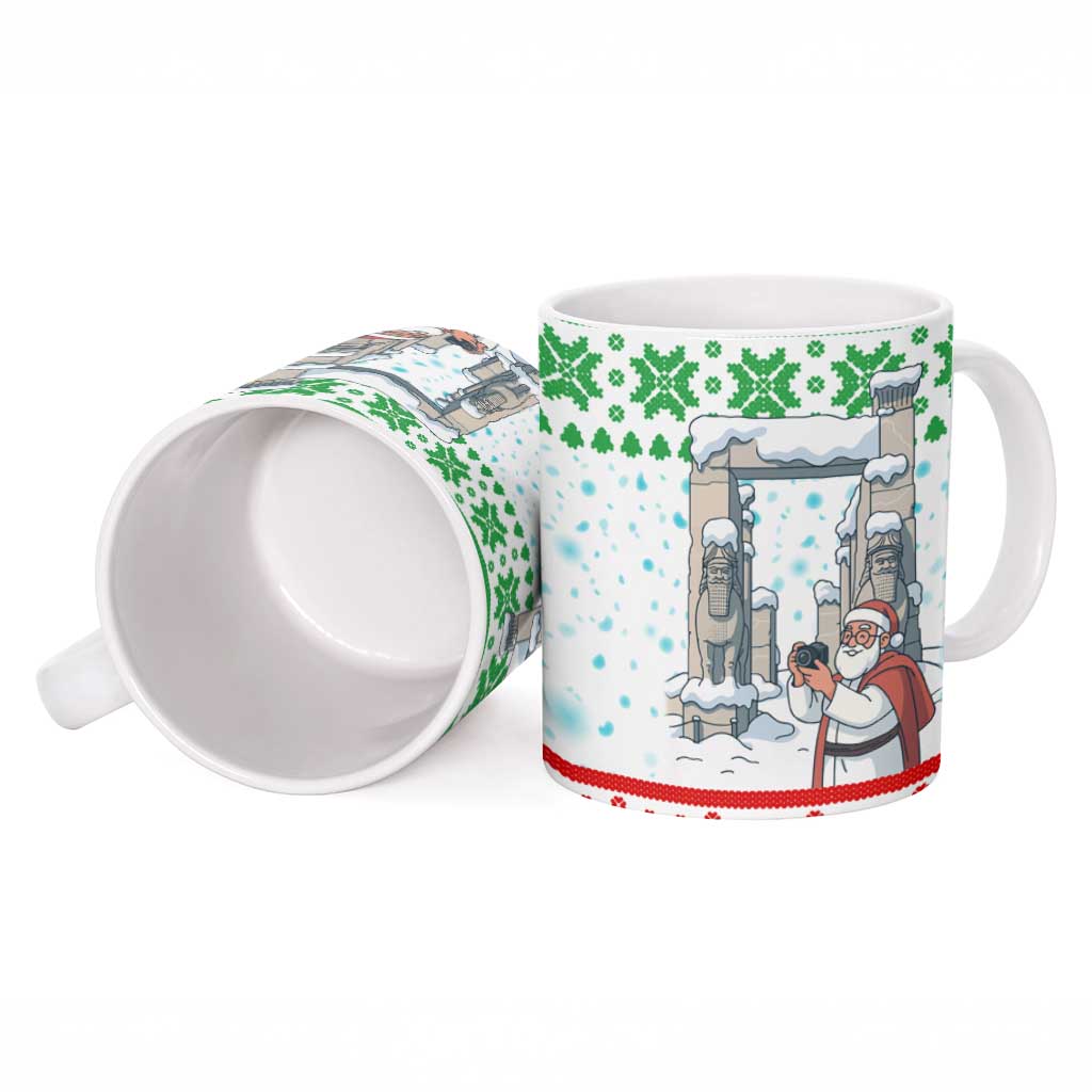 Iran Christmas Ceramic Mug with Santa Taking Photos Ancient Columns and Snowflake Gift Pattern - Wonder Print Shop