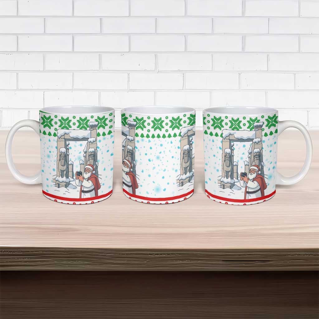 Iran Christmas Ceramic Mug with Santa Taking Photos Ancient Columns and Snowflake Gift Pattern - Wonder Print Shop