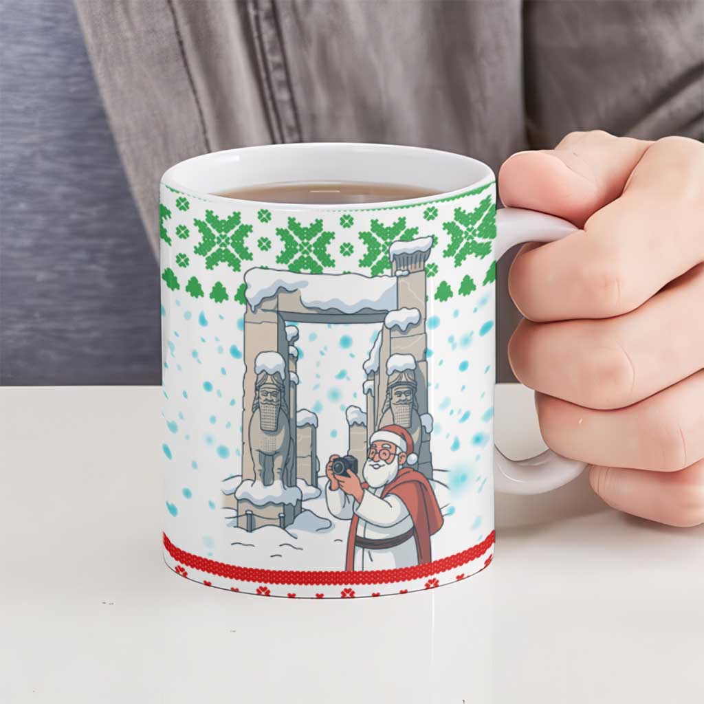 Iran Christmas Ceramic Mug with Santa Taking Photos Ancient Columns and Snowflake Gift Pattern - Wonder Print Shop