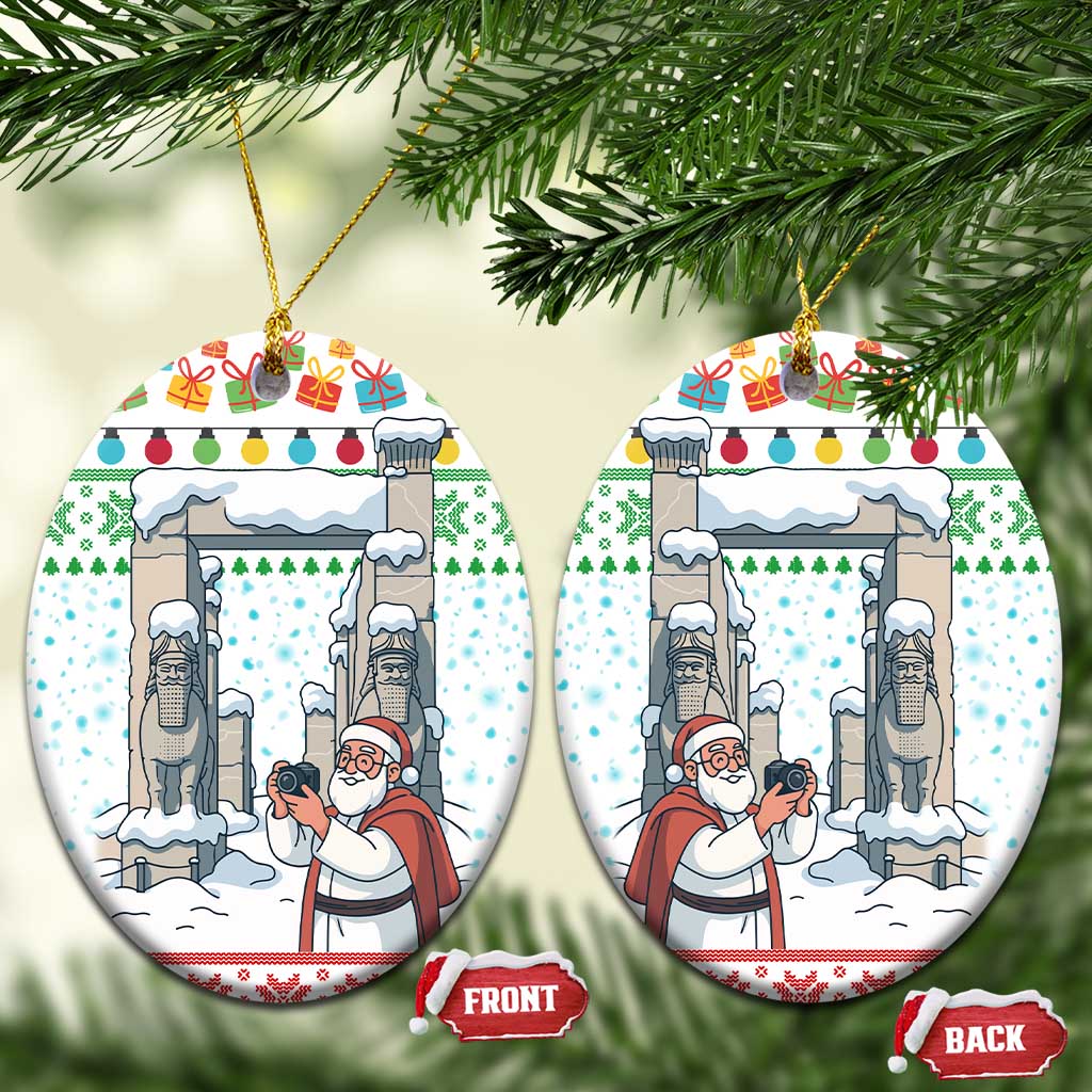 Iran Christmas Ceramic Ornament with Santa Taking Photos Ancient Columns and Snowflake Gift Pattern - Wonder Print Shop