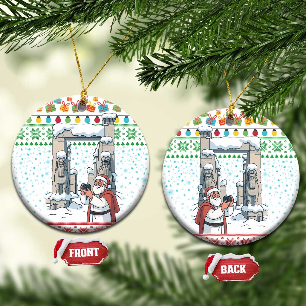 Iran Christmas Ceramic Ornament with Santa Taking Photos Ancient Columns and Snowflake Gift Pattern - Wonder Print Shop