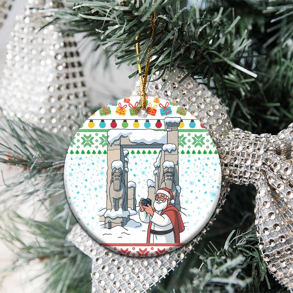 Iran Christmas Ceramic Ornament with Santa Taking Photos Ancient Columns and Snowflake Gift Pattern - Wonder Print Shop