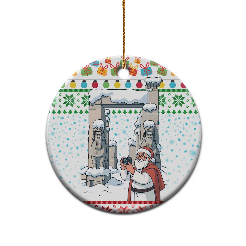 Iran Christmas Ceramic Ornament with Santa Taking Photos Ancient Columns and Snowflake Gift Pattern - Wonder Print Shop