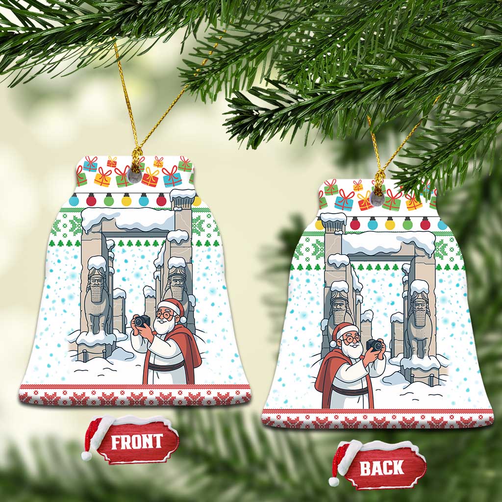Iran Christmas Ceramic Ornament with Santa Taking Photos Ancient Columns and Snowflake Gift Pattern - Wonder Print Shop