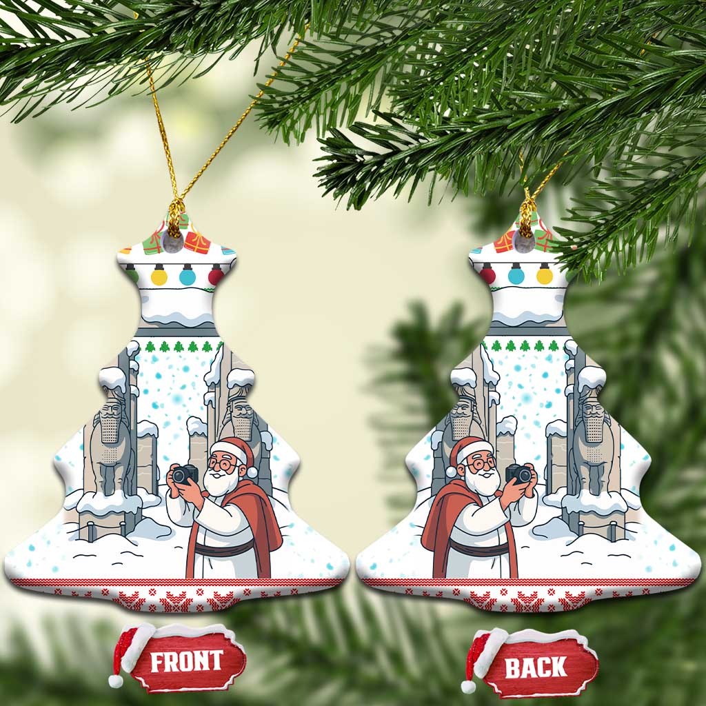 Iran Christmas Ceramic Ornament with Santa Taking Photos Ancient Columns and Snowflake Gift Pattern - Wonder Print Shop