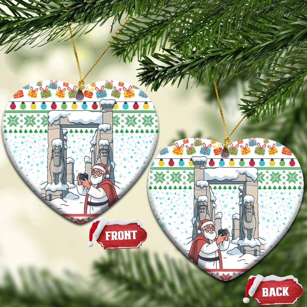 Iran Christmas Ceramic Ornament with Santa Taking Photos Ancient Columns and Snowflake Gift Pattern - Wonder Print Shop