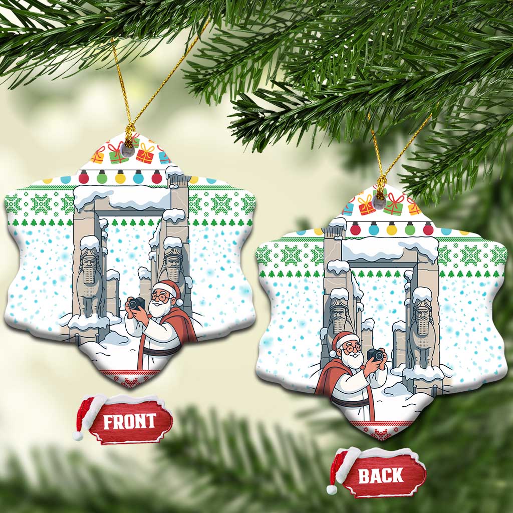 Iran Christmas Ceramic Ornament with Santa Taking Photos Ancient Columns and Snowflake Gift Pattern - Wonder Print Shop