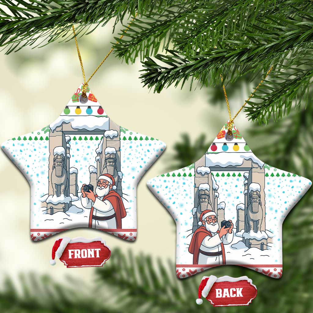 Iran Christmas Ceramic Ornament with Santa Taking Photos Ancient Columns and Snowflake Gift Pattern - Wonder Print Shop