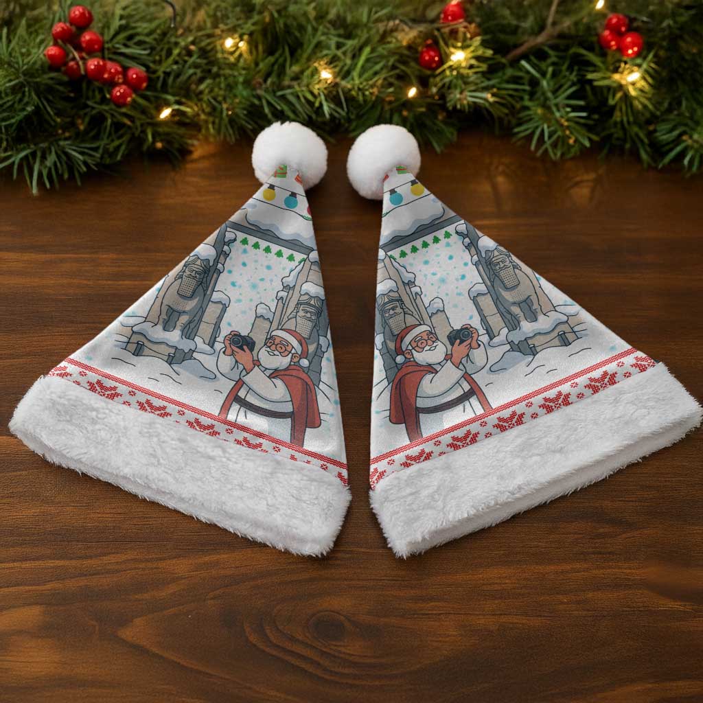 Iran Christmas Santa Hat with Santa Taking Photos Ancient Columns and Snowflake Gift Pattern - Wonder Print Shop