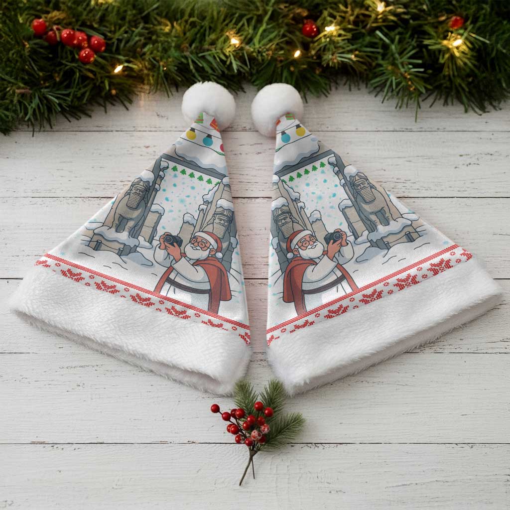 Iran Christmas Santa Hat with Santa Taking Photos Ancient Columns and Snowflake Gift Pattern - Wonder Print Shop