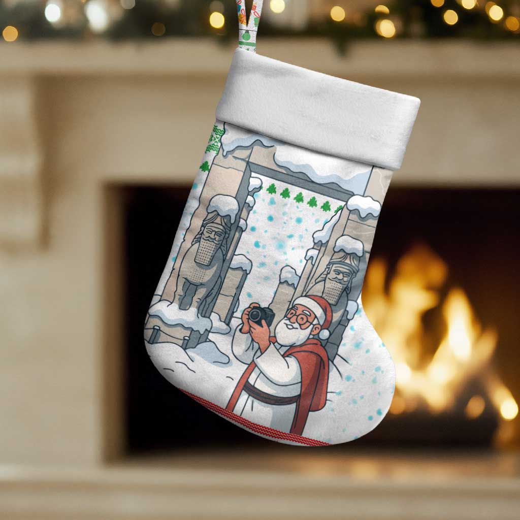 Iran Christmas Stocking with Santa Taking Photos Ancient Columns and Snowflake Gift Pattern - Wonder Print Shop