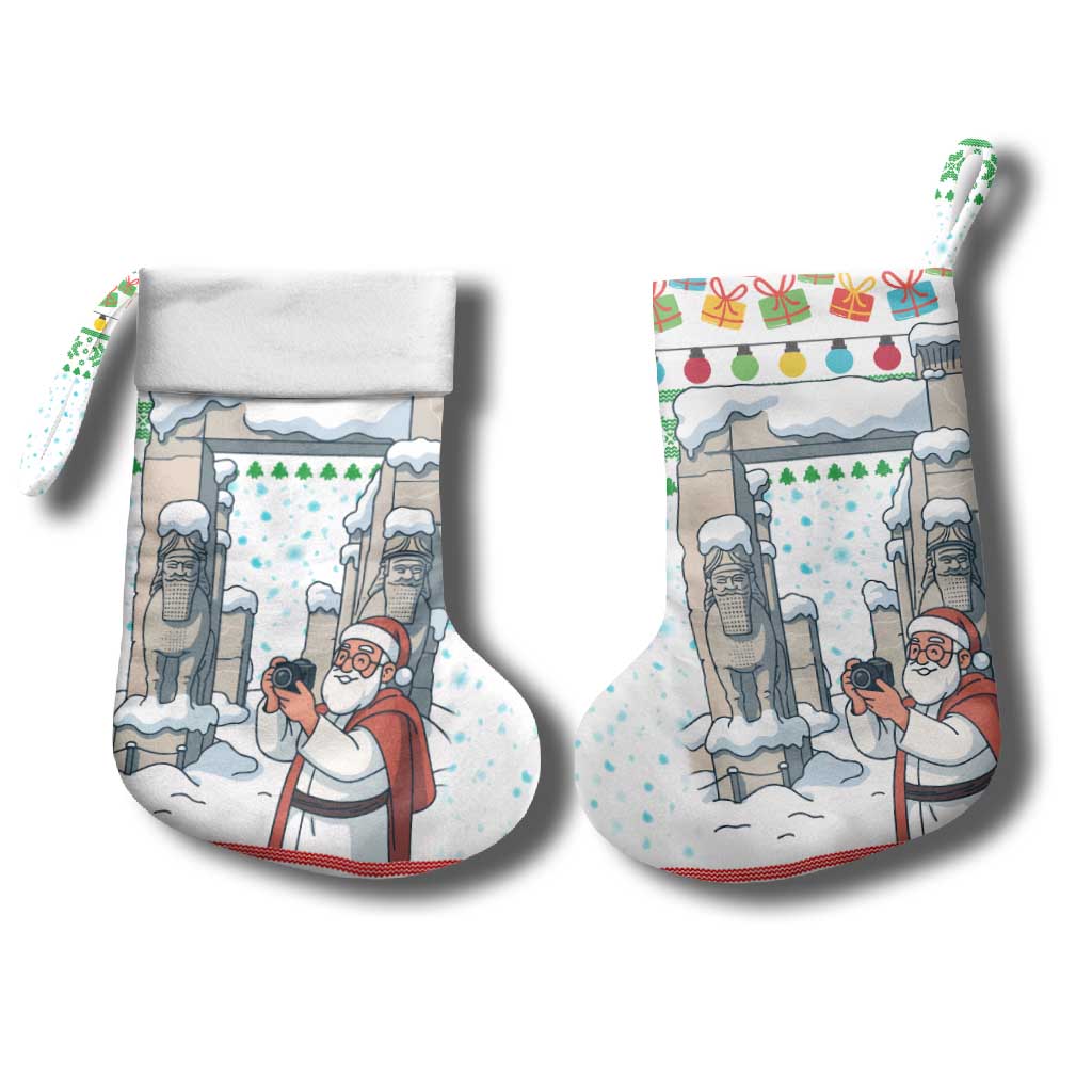 Iran Christmas Stocking with Santa Taking Photos Ancient Columns and Snowflake Gift Pattern - Wonder Print Shop