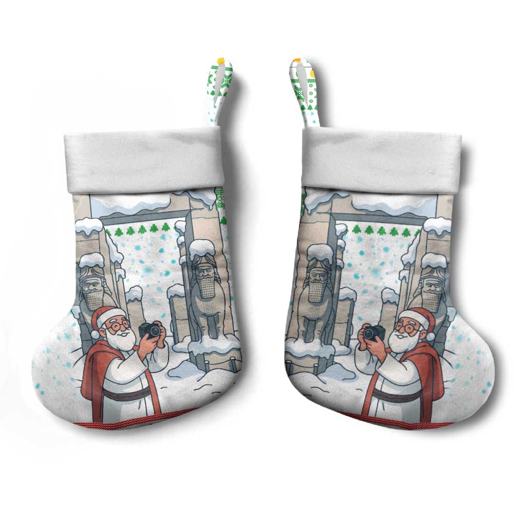 Iran Christmas Stocking with Santa Taking Photos Ancient Columns and Snowflake Gift Pattern - Wonder Print Shop