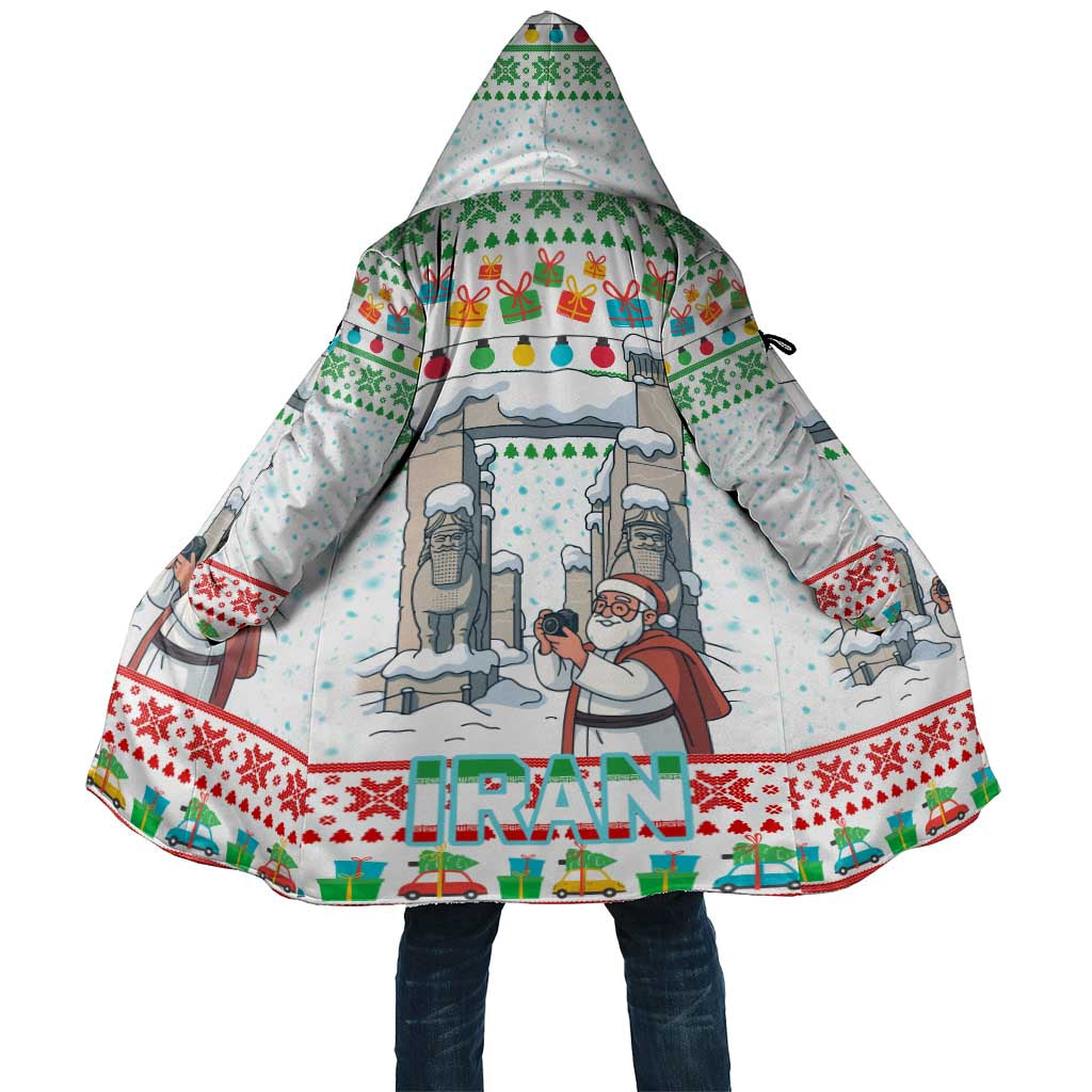 Iran Christmas Cloak with Santa Taking Photos Ancient Columns and Snowflake Gift Pattern - Wonder Print Shop