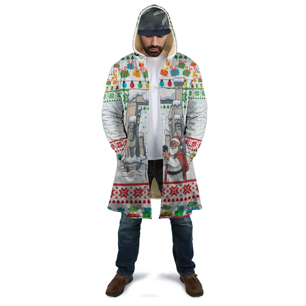 Iran Christmas Cloak with Santa Taking Photos Ancient Columns and Snowflake Gift Pattern - Wonder Print Shop