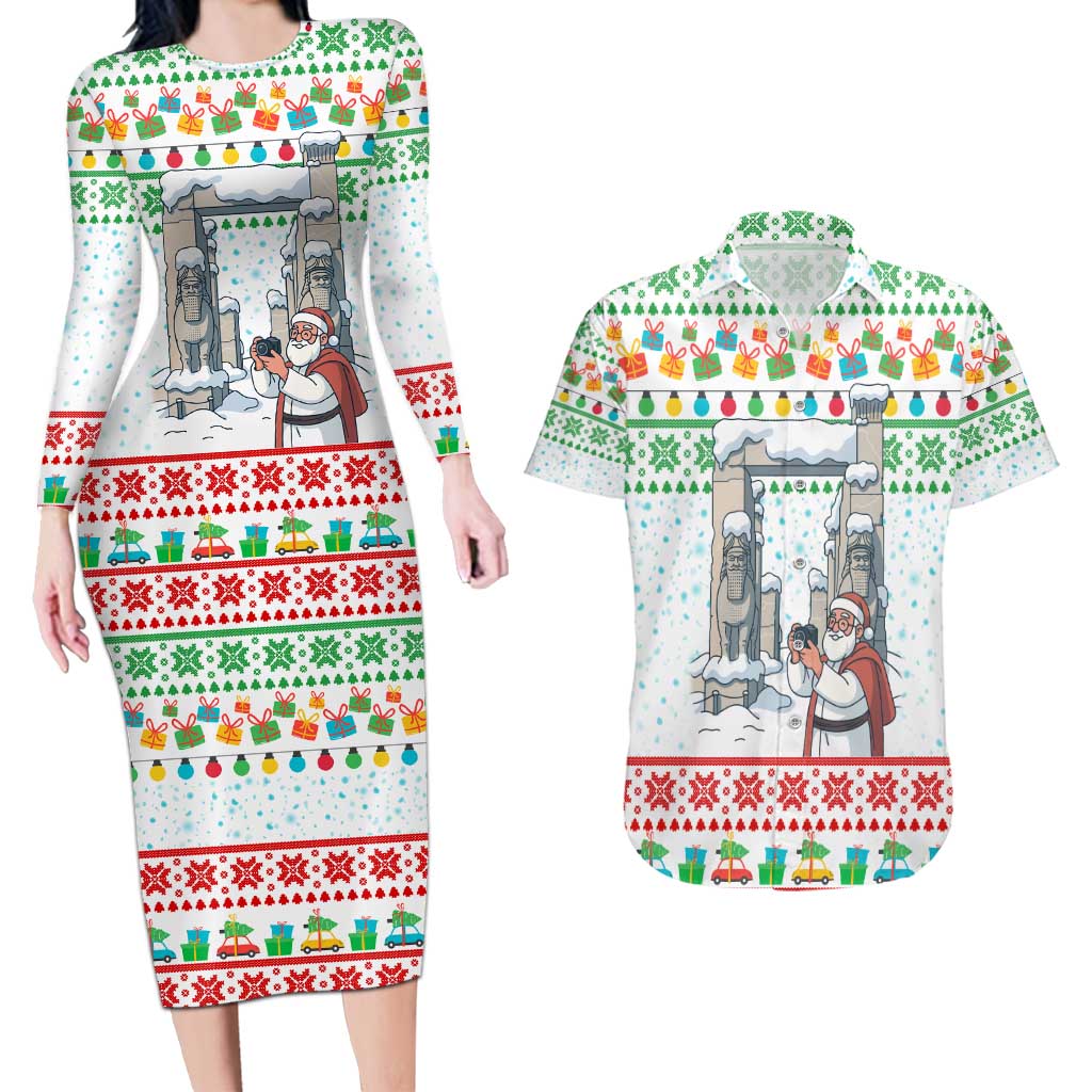 Iran Christmas Couples Matching Long Sleeve Bodycon Dress and Hawaiian Shirt with Santa Taking Photos Ancient Columns and Snowflake Gift Pattern - Wonder Print Shop