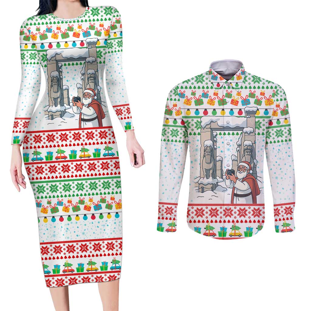 Iran Christmas Couples Matching Long Sleeve Bodycon Dress and Long Sleeve Button Shirt with Santa Taking Photos Ancient Columns and Snowflake Gift Pattern - Wonder Print Shop