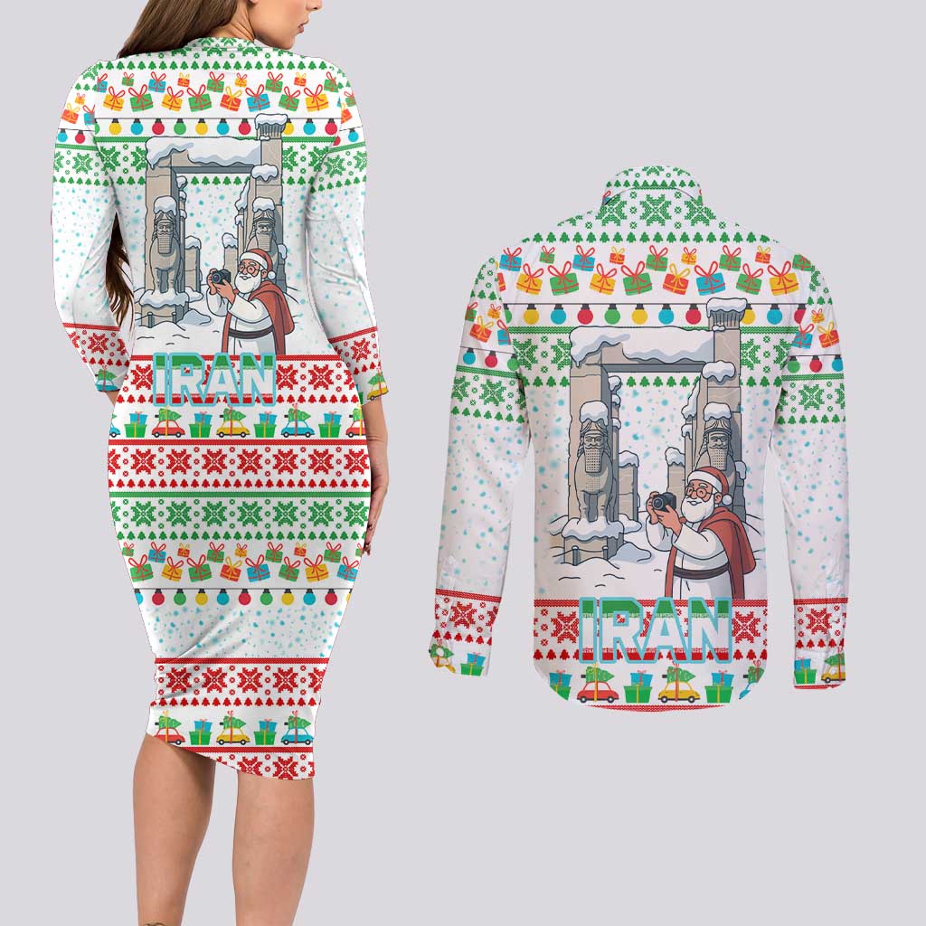 Iran Christmas Couples Matching Long Sleeve Bodycon Dress and Long Sleeve Button Shirt with Santa Taking Photos Ancient Columns and Snowflake Gift Pattern - Wonder Print Shop
