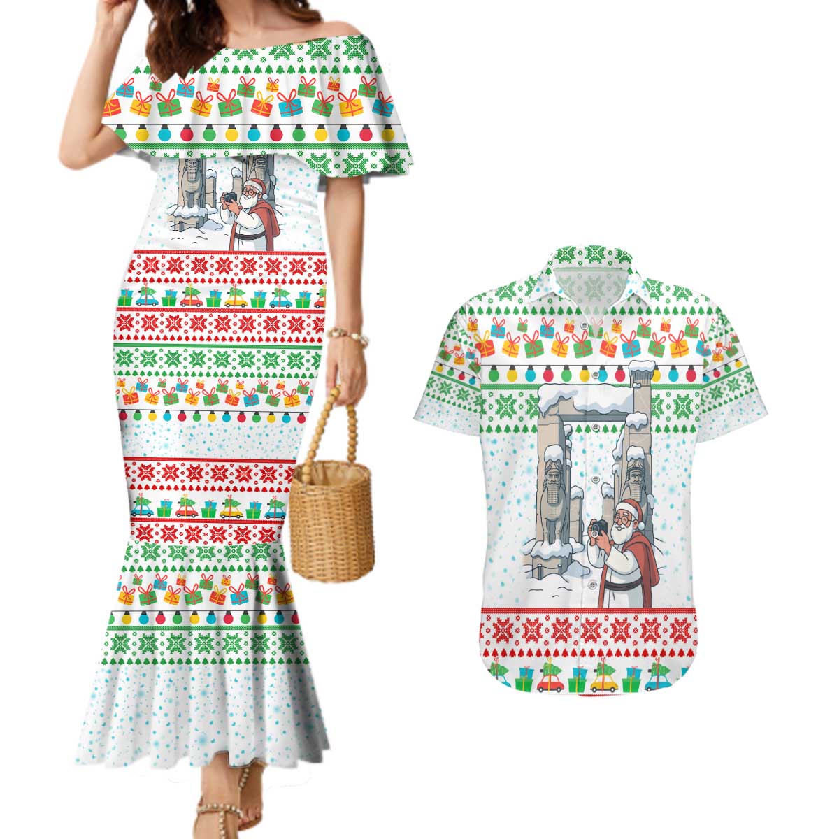 Iran Christmas Couples Matching Mermaid Dress and Hawaiian Shirt with Santa Taking Photos Ancient Columns and Snowflake Gift Pattern - Wonder Print Shop