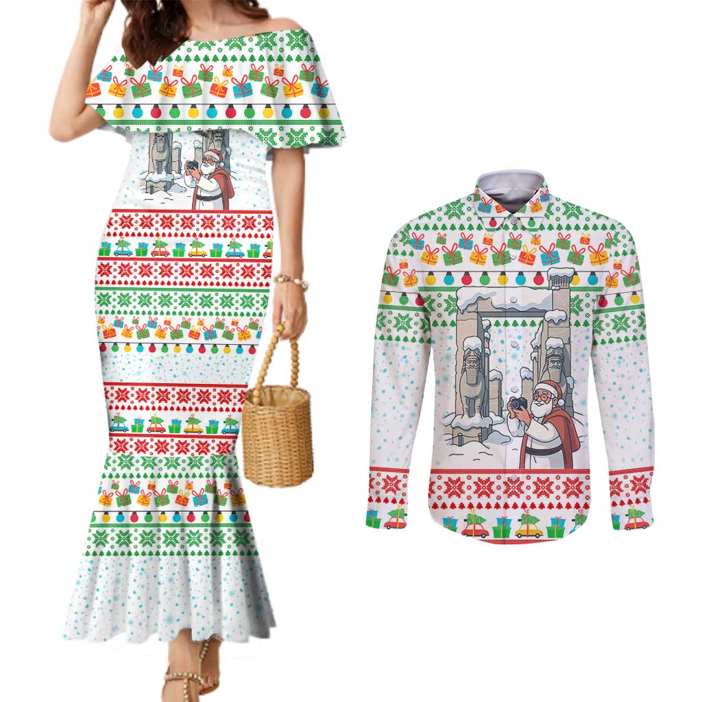Iran Christmas Couples Matching Mermaid Dress and Long Sleeve Button Shirt with Santa Taking Photos Ancient Columns and Snowflake Gift Pattern - Wonder Print Shop