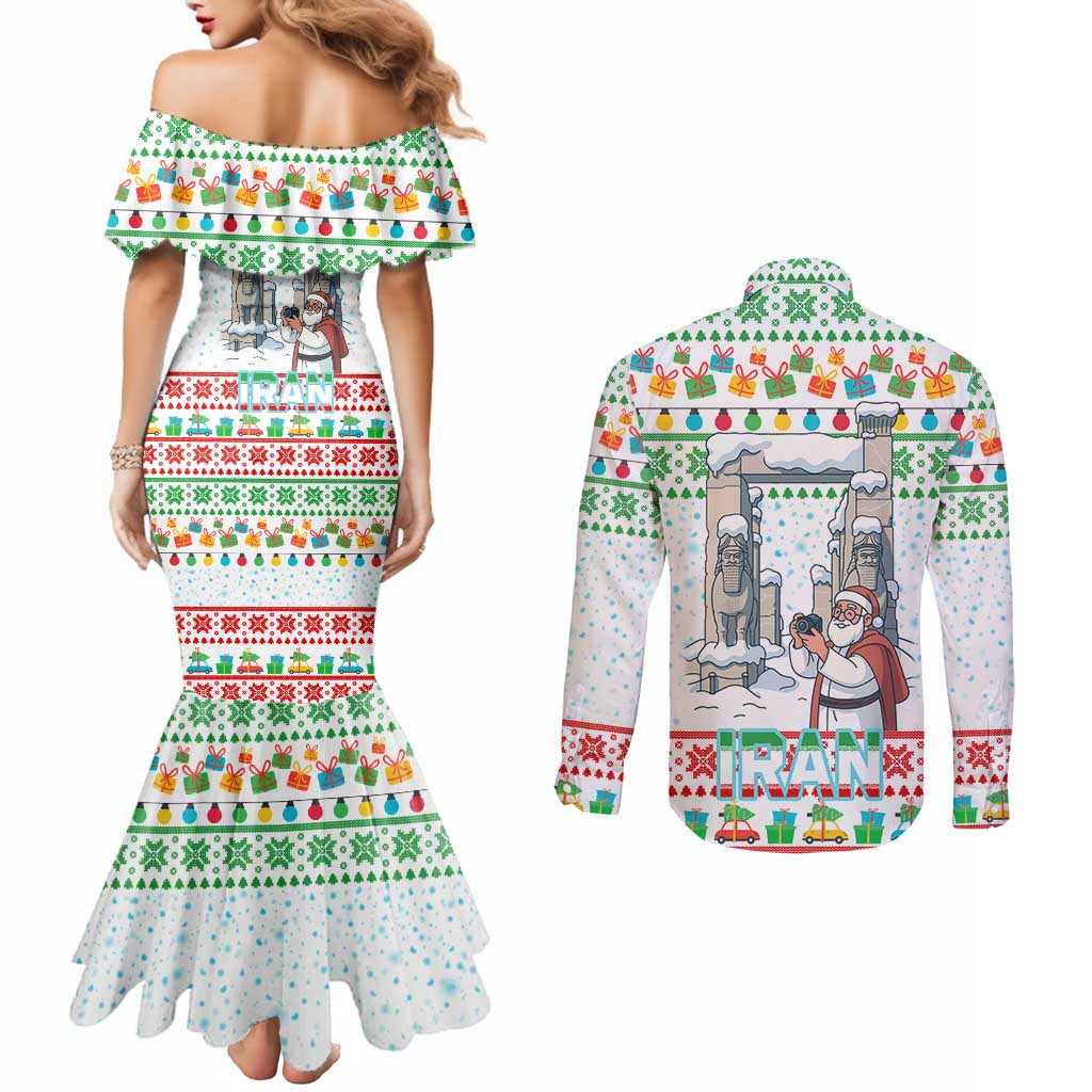 Iran Christmas Couples Matching Mermaid Dress and Long Sleeve Button Shirt with Santa Taking Photos Ancient Columns and Snowflake Gift Pattern - Wonder Print Shop
