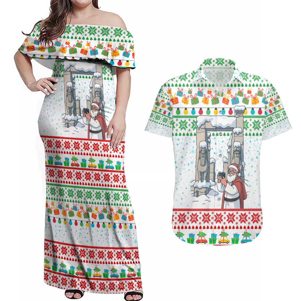 Iran Christmas Couples Matching Off Shoulder Maxi Dress and Hawaiian Shirt with Santa Taking Photos Ancient Columns and Snowflake Gift Pattern - Wonder Print Shop