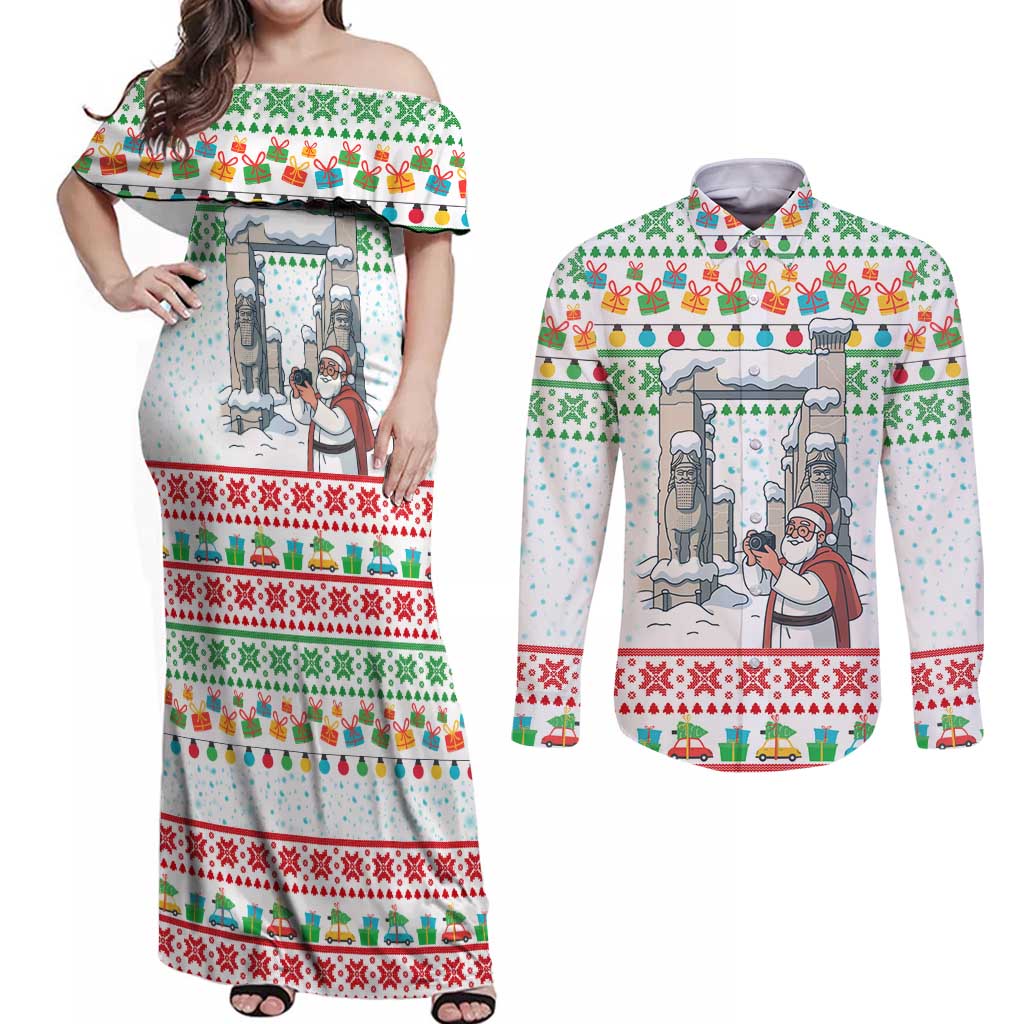 Iran Christmas Couples Matching Off Shoulder Maxi Dress and Long Sleeve Button Shirt with Santa Taking Photos Ancient Columns and Snowflake Gift Pattern - Wonder Print Shop