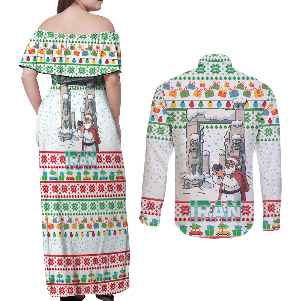Iran Christmas Couples Matching Off Shoulder Maxi Dress and Long Sleeve Button Shirt with Santa Taking Photos Ancient Columns and Snowflake Gift Pattern - Wonder Print Shop