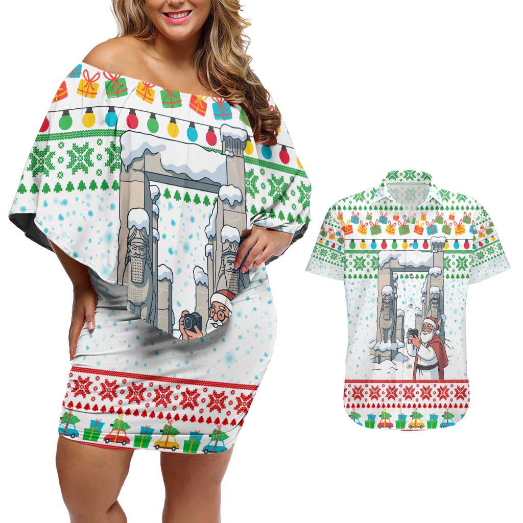 Iran Christmas Couples Matching Off Shoulder Short Dress and Hawaiian Shirt with Santa Taking Photos Ancient Columns and Snowflake Gift Pattern - Wonder Print Shop