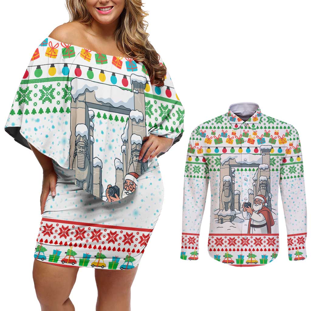Iran Christmas Couples Matching Off Shoulder Short Dress and Long Sleeve Button Shirt with Santa Taking Photos Ancient Columns and Snowflake Gift Pattern - Wonder Print Shop