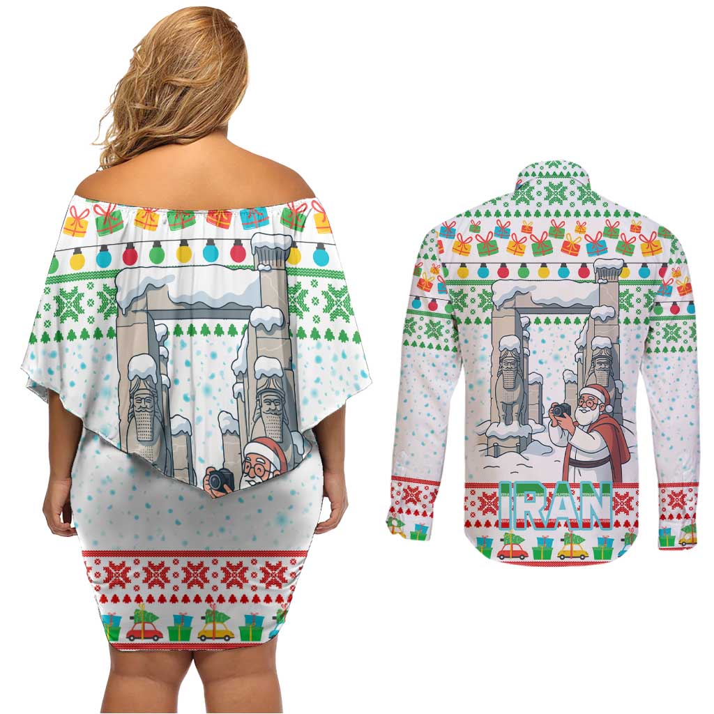 Iran Christmas Couples Matching Off Shoulder Short Dress and Long Sleeve Button Shirt with Santa Taking Photos Ancient Columns and Snowflake Gift Pattern - Wonder Print Shop