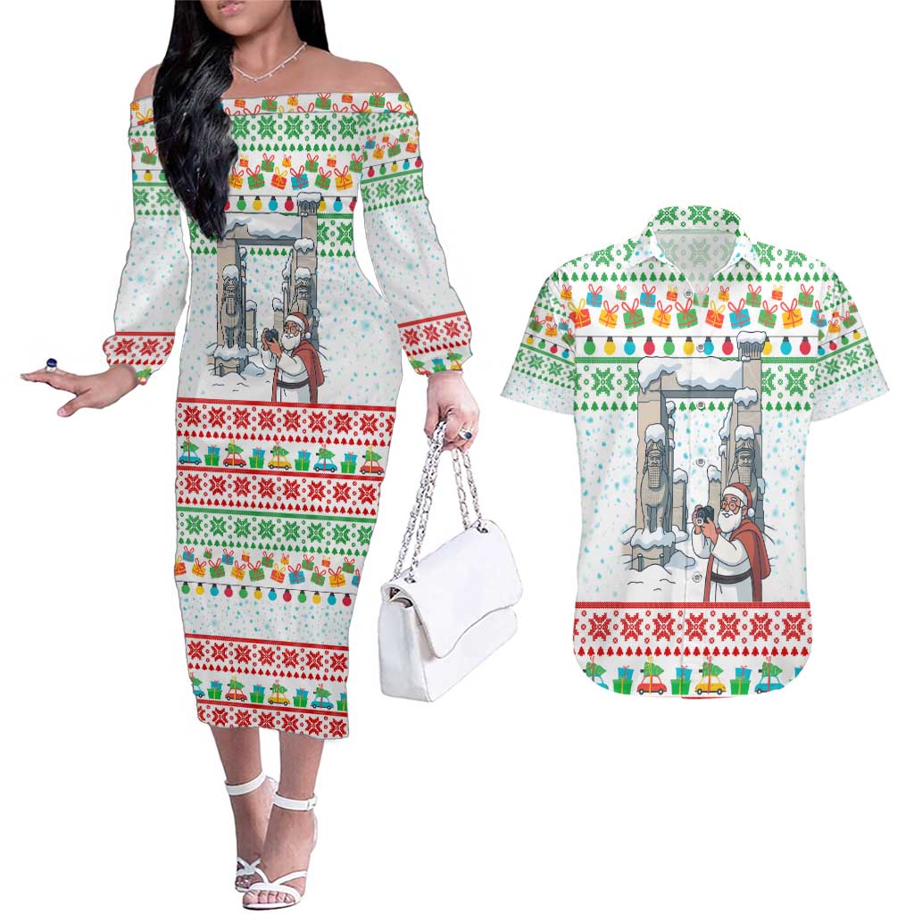 Iran Christmas Couples Matching Off The Shoulder Long Sleeve Dress and Hawaiian Shirt with Santa Taking Photos Ancient Columns and Snowflake Gift Pattern - Wonder Print Shop