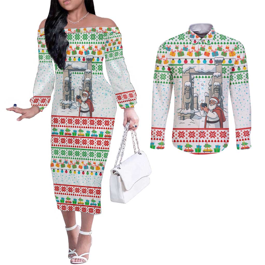 Iran Christmas Couples Matching Off The Shoulder Long Sleeve Dress and Long Sleeve Button Shirt with Santa Taking Photos Ancient Columns and Snowflake Gift Pattern - Wonder Print Shop